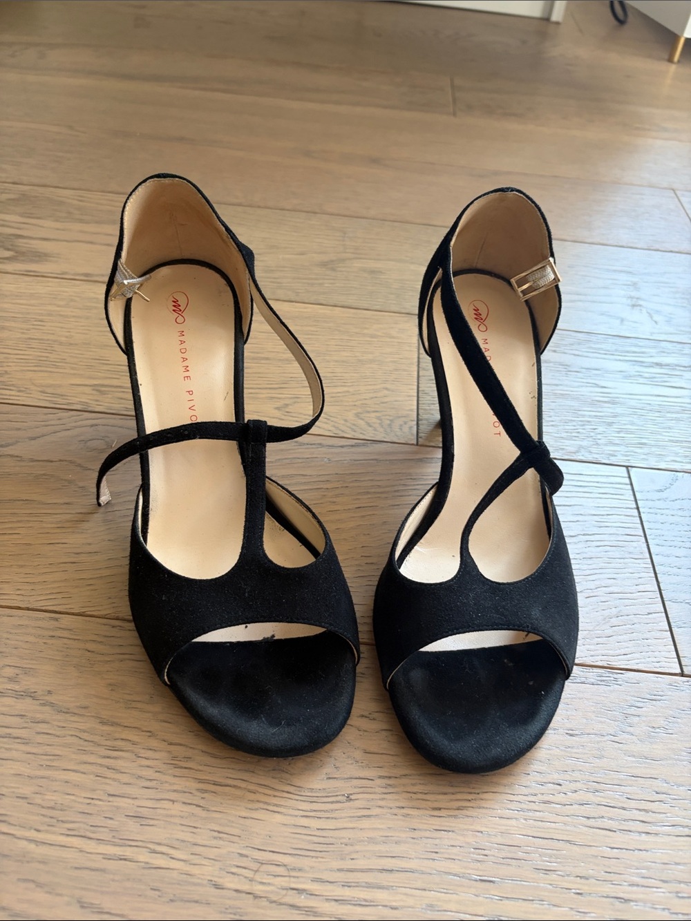 Madame Pivot Black Suede T-Strap Open-Toe Heels